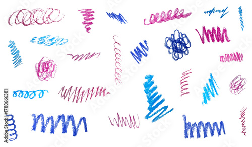 Hand drawn charcoal pencil doodles set isolated on transparent background. Curly lines and squiggles. Crayon strokes. Grunge blue and pink  strikes. Crayon color pencil texture. Vector illustration  