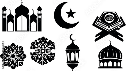 Islamic religious symbols mosque crescent star lantern Quran floral patterns vector set illustration