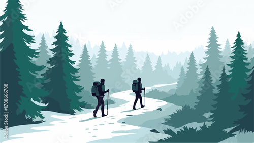 Group trekking in winter forest landscape with snow and pine trees