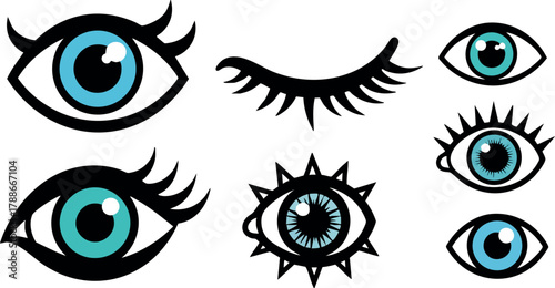Blue eye icons with lashes and pupil designs in vector style for creative graphic projects and digital artwork collection