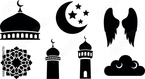 Islamic symbols vector set including mosque domes minarets crescent moon stars wings and geometric pattern for cultural design