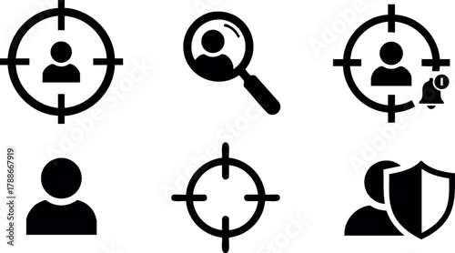 User target icons set with magnifying glass and shield protection for digital security and user management vector illustration