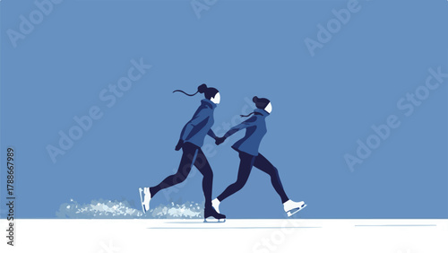Winter ice skating illustration of people enjoying outdoor activity in snow landscape