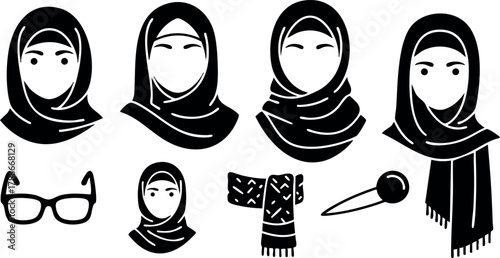 Muslim woman wearing hijab headscarf different expressions with glasses scarf and pin vector illustration