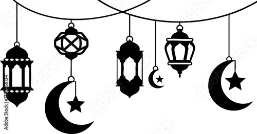 Hanging Islamic lanterns and crescent moons decoration for Ramadan and Eid celebration vector art