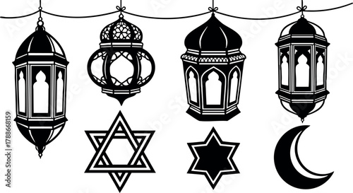 Jewish Hanukkah lanterns and traditional religious symbols including Star of David and crescent moon vector design