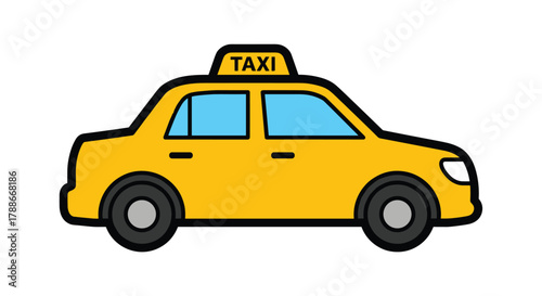 Yellow cartoon taxi cab icon illustration with taxi sign, side view