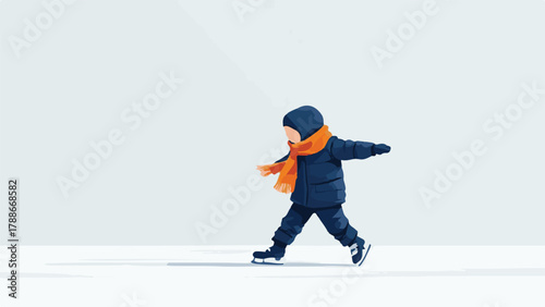 Kid doing Winter ice skating illustration of people enjoying outdoor activity in snow landscape