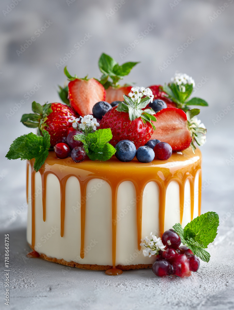 Naklejka premium Elegant creamy cake with caramel glaze topped with fresh strawberries blueberries and decorative mint leaves on a textured surface in soft natural light
