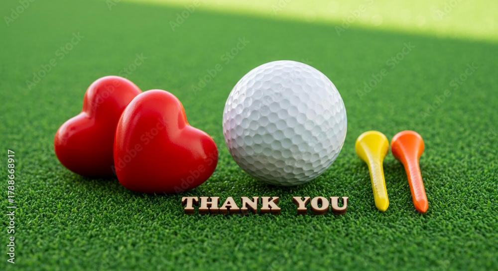 Naklejka premium Two red heart shapes, a white golf ball and two tee on a green grass surface, expressing gratitude and appreciation, Valentine's Day concept