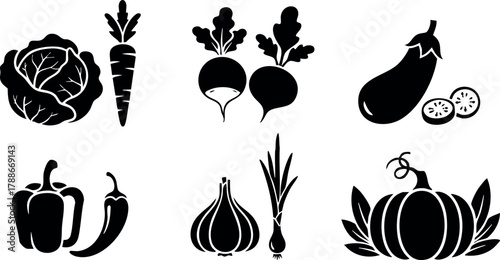 Fresh vegetable icons with cabbage carrot beetroot eggplant pepper garlic green onion and pumpkin vector design