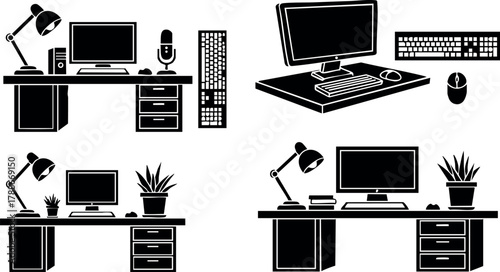 Office desk workspace setup with computer monitor keyboard lamp and plant vector icons in black and white