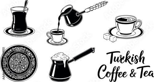 Turkish coffee and tea set with cezve, glass cup, saucer, sugar cubes, and traditional design vector illustration