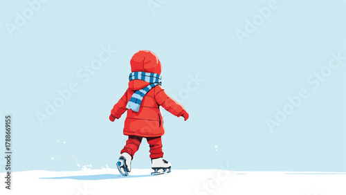 Kid doing Winter ice skating illustration of people enjoying outdoor activity in snow landscape