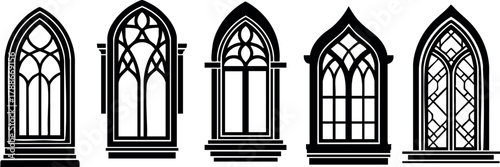 Gothic style arched windows vector set with intricate tracery designs for architectural and decorative use