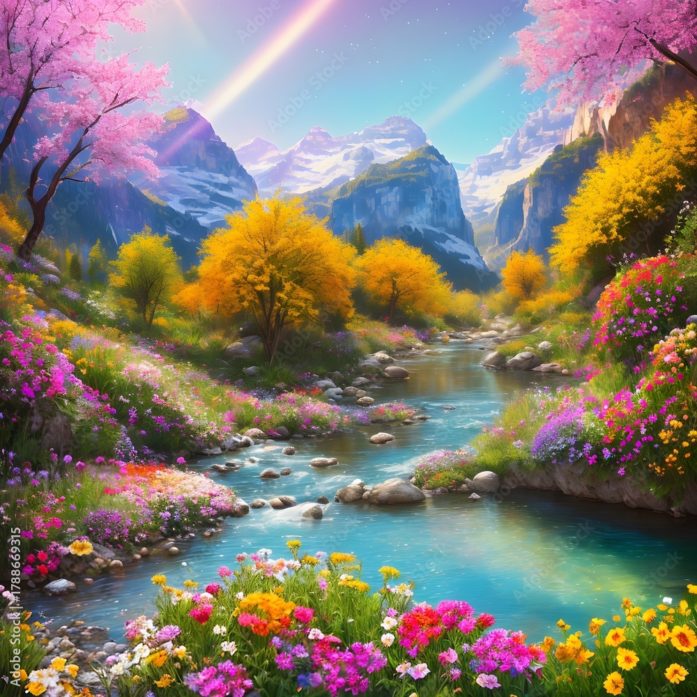 Naklejka premium Colorful spring landscape with flowers and a peaceful stream Generative AI