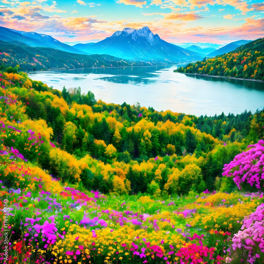 Naklejka premium Stunning mountain landscape with blooming flowers near lake Generative AI