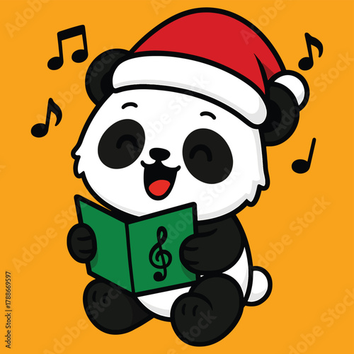 Cute happy panda character wearing a santa hat and singing christmas carols from a music book illustration.