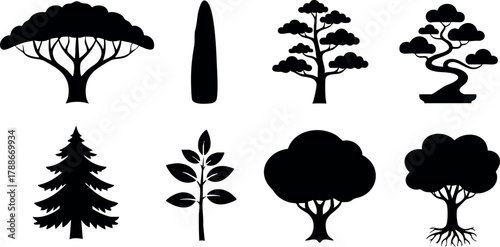 Tree silhouettes collection with different shapes and styles for design and nature themes vector illustration