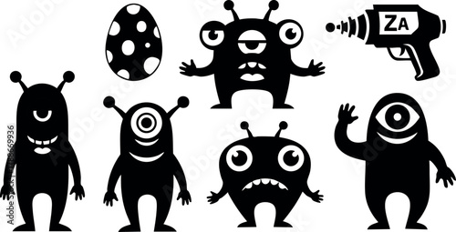 Alien monsters collection with egg and laser gun cartoon vector set for creative design and sci-fi themes