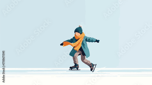 Kid doing Winter ice skating illustration of people enjoying outdoor activity in snow landscape