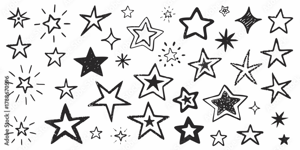 Fototapeta premium Collection of hand drawn doodle stars and sparkles on white background