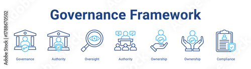 Governance Framework web icon vector illustration concept with icon of Governance, Authority, Oversight, Authority, Ownership, Ownership, Compliance,in modern flat vector style.