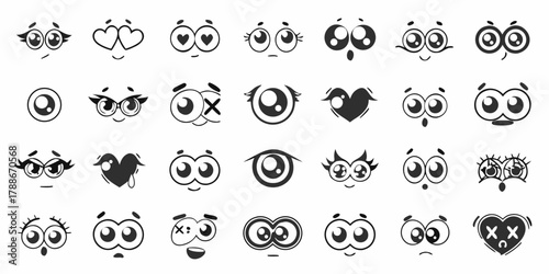 Collection of diverse cartoon eyes and facial expressions for animation and design projects