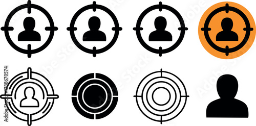 Target audience icons with person silhouettes in crosshair marks and orange highlight vector set for marketing and user focus concepts