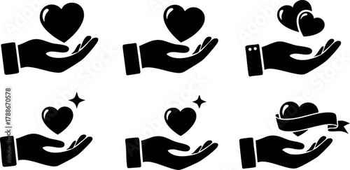 Hand holding heart icons set with caring and loving gestures in vector design for emotional support and kindness concepts
