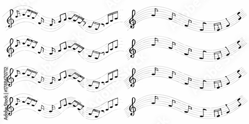 A collection of flowing musical staves with black notes and treble clefs on a white background