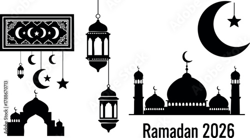Ramadan 2026 celebration icons mosque crescent star lantern Islamic religious symbols vector illustration