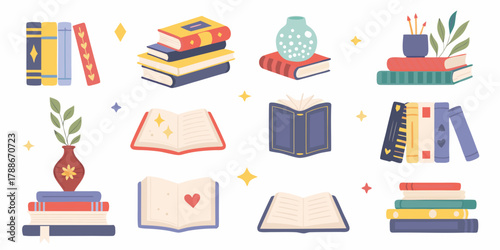 Collection of charming flat design illustrations featuring various stacks of books and open books with decorative elements