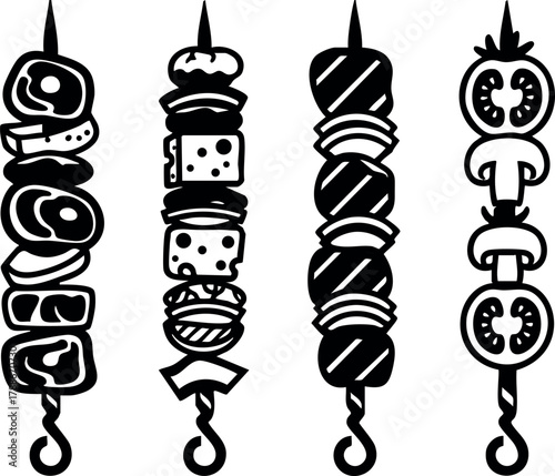 Grilled meat and vegetable skewers barbecue food vector illustration in black and white style