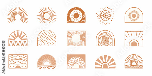 Collection of boho abstract sun and wave icons in terracotta and beige tones