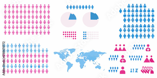 Infographic elements showing population statistics and demographics with world map and people icons