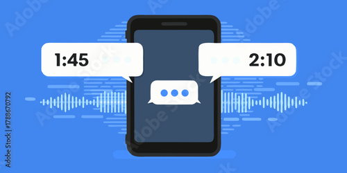 Smartphone displaying message bubbles with timestamps and audio waveform visualization on blue background