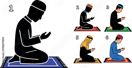 Muslim Man Praying on Prayer Mat Various Positions Vector Illustration Religious Practice Spirituality