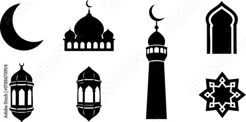 Islamic symbols crescent mosque minaret lantern window star silhouette vector icons design