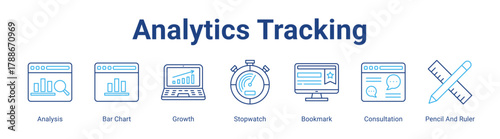 Analytics Tracking web icon vector illustration concept with icon of Analysis, Bar Chart, Growth, Stopwatch, Bookmark, Consultation, Pencil And Ruler,in modern flat vector style.