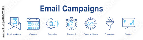 Email Campaigns web icon vector illustration concept with icon of Email Marketing, Calendar, Campaign, Stopwatch, Target Audience, Conversion, Success,in modern flat vector style.