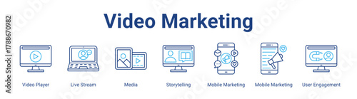 Video Marketing web icon vector illustration concept with icon of Video Player, Live Stream, Media, Storytelling, Mobile Marketing, Mobile Marketing, User Engagement,in modern flat vector style.
