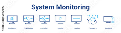 System Monitoring web icon vector illustration concept with icon of Monitoring, ECG Monitor, Cardiology, Loading, Loading, Processing, Computer,in modern flat vector style.