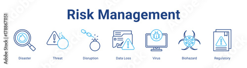 Risk Management web icon vector illustration concept with icon of Disaster, Threat, Disruption, Data Loss, Virus, Biohazard, Regulatory,in modern flat vector style.