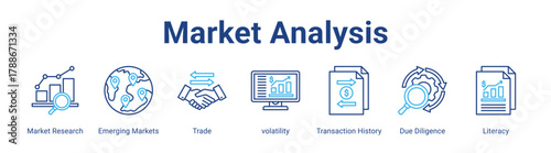 Market Analysis web icon vector illustration concept with icon of Market Research, Emerging Markets, Trade, volatility, Transaction History, Due Diligence, Literacy,in modern flat vector style.