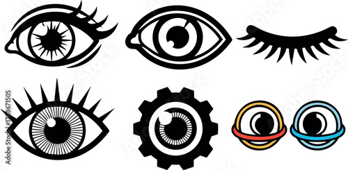 Collection of black and colored vector eyes icons with various eyelash styles and mechanical gear design