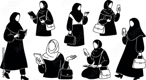 Muslim woman wearing hijab using smartphone in various poses and activities vector illustration