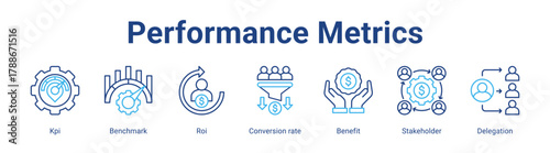 Performance Metrics web icon vector illustration concept with icon of Kpi, Benchmark, Roi, Conversion rate, Benefit, Stakeholder, Delegation,in modern flat vector style.