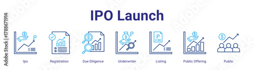 Ipo Launch web icon vector illustration concept with icon of Ipo,Registration,Due Diligence,Underwriter,Listing,Public Offering,Public,in modern flat vector style.