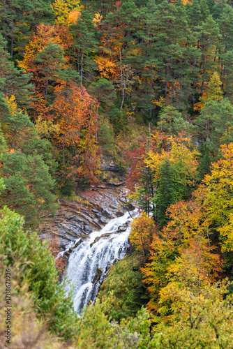 Beautiful and foggy valley in autumn in Ordesa National Park Pyrenees, Huesca Aragon Spain